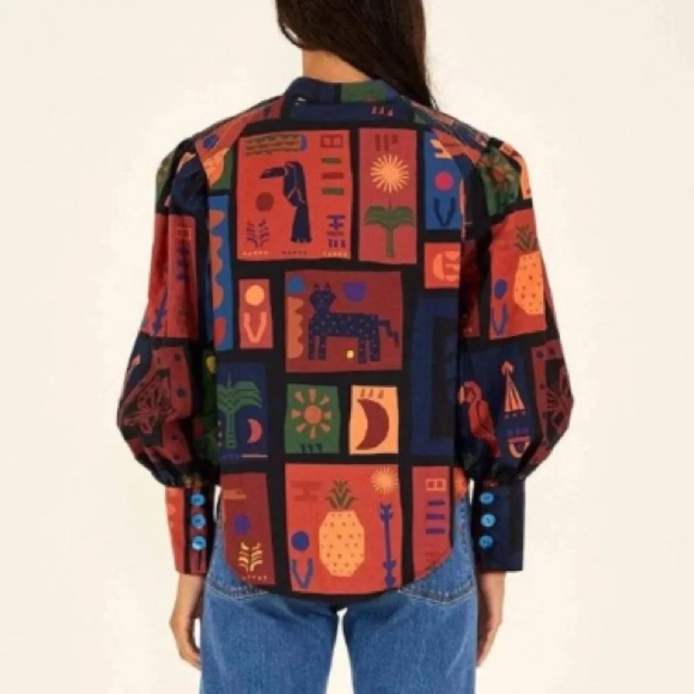 NEW FARM Rio Colorful Tropical Icons Blouse Puff Sleeves Cotton Bird Size S or M